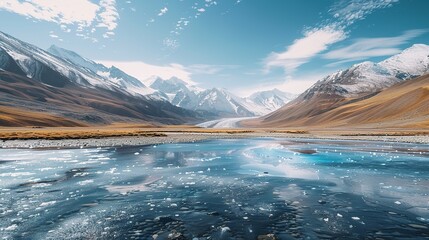 A flowing stream with mountains in the background