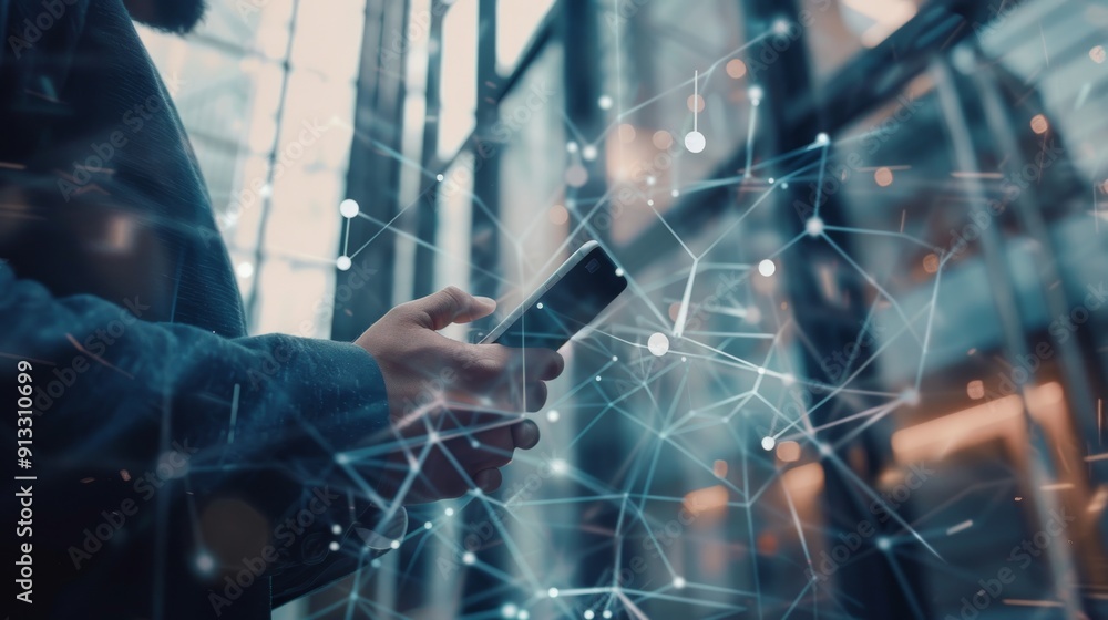 Aufkleber man using smartphone with network overlay