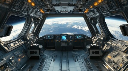 Fototapeta premium Futuristic Spaceship Cockpit with Earth View