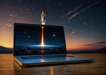 Rocket launched into space on a laptop screen. Technology and Speed Concept.