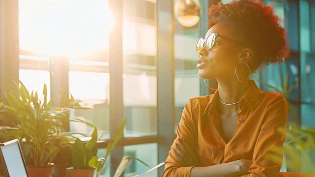 Confident businesswoman leading a virtual team meeting from a modern office, leveraging technology to drive efficiency and collaboration.