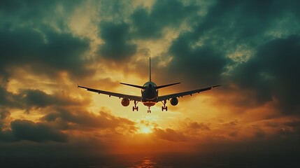 a plane flying in the sky over the ocean at sunset