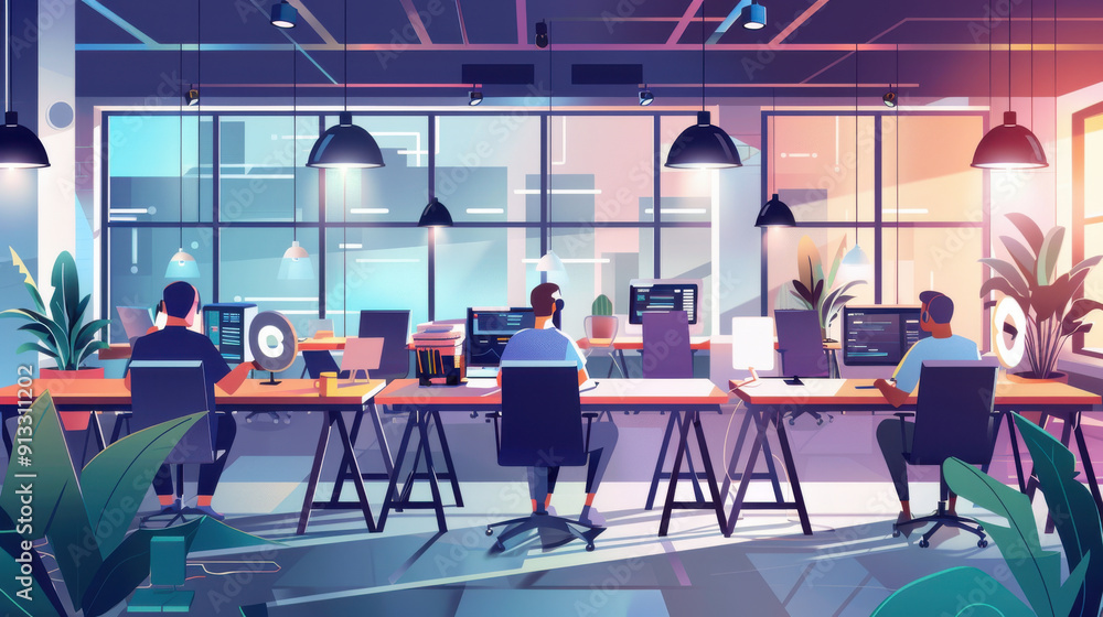 Poster innovative workspace with employees using advanced tech gadgets.