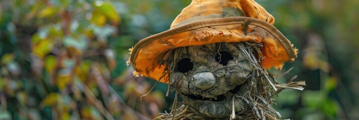 Vertical portrait of a garden scarecrow featuring an orange hat