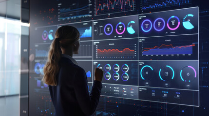 Interactive business intelligence display featuring comprehensive financial data and performance graphs.