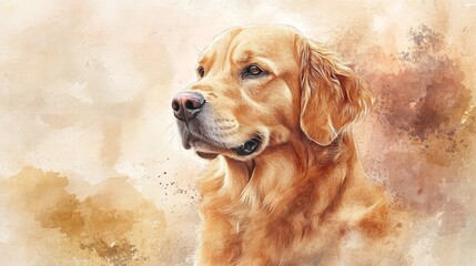 A watercolor portrait of a golden retriever with a calm expression, sitting against a background of soft pastel colors