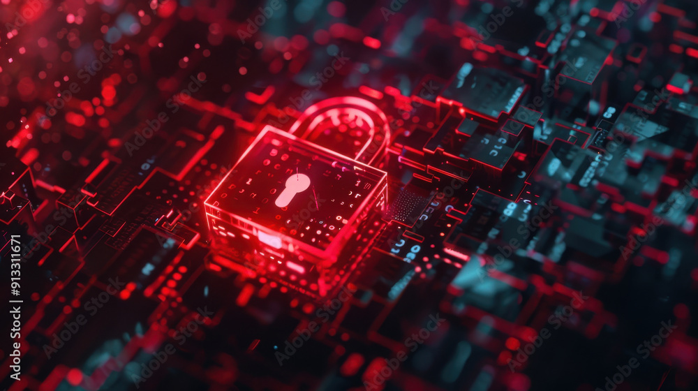 Poster internet cyber attack scene with a red warning sign and a broken padlock indicating a security breac
