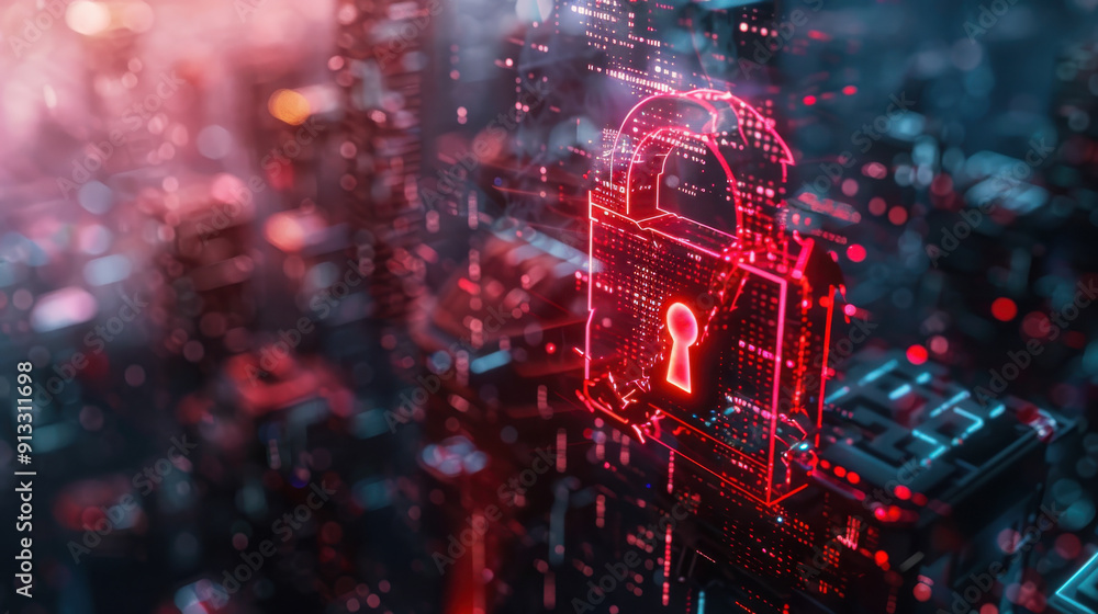 Poster internet cyber attack scene with a red warning sign and a broken padlock indicating a security breac