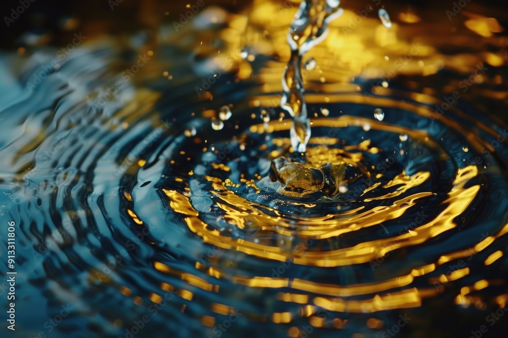 Poster A single water drop reflected on the surface of a pool, providing a detailed view of its texture and shape