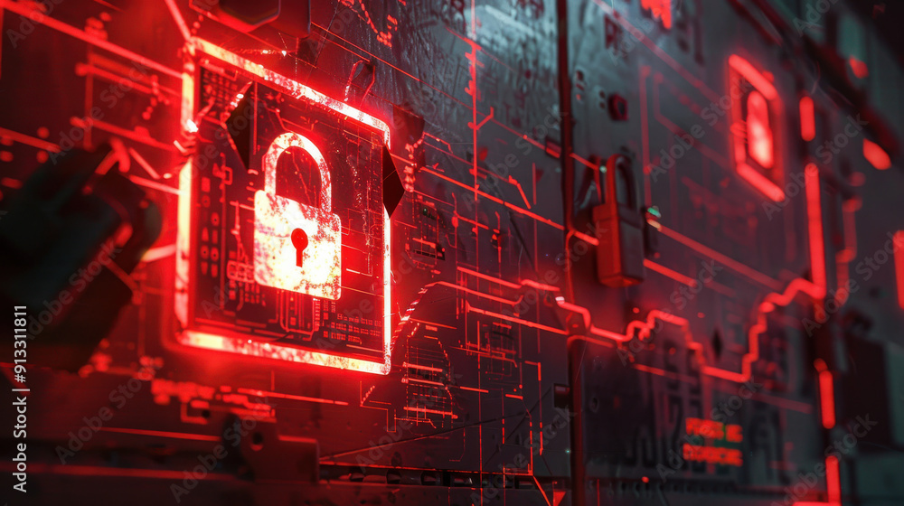 Poster internet cyber attack scene with a red warning sign and a broken padlock indicating a security breac