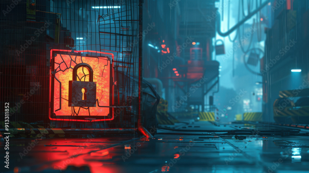 Aufkleber internet cyber attack scene with a red warning sign and a broken padlock indicating a security breac