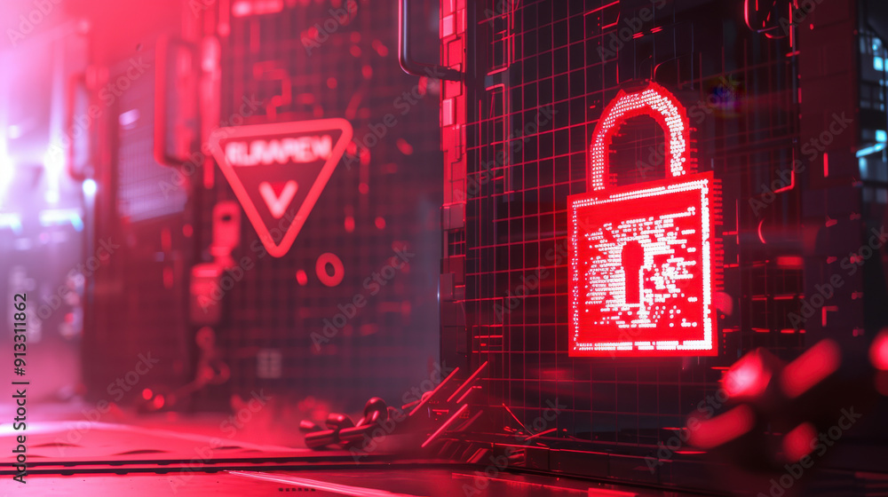 Poster internet cyber attack scene with a red warning sign and a broken padlock indicating a security breac
