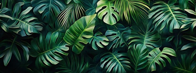 Fototapeta premium A close-up view of lush green leaves, with a focus on the detailed texture and veins. The image is painted in a style that enhances the natural beauty of the leaves.