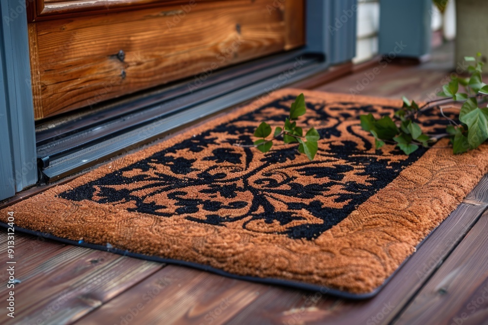 Poster a door mat sits on a wooden floor, adjacent to a window with a view