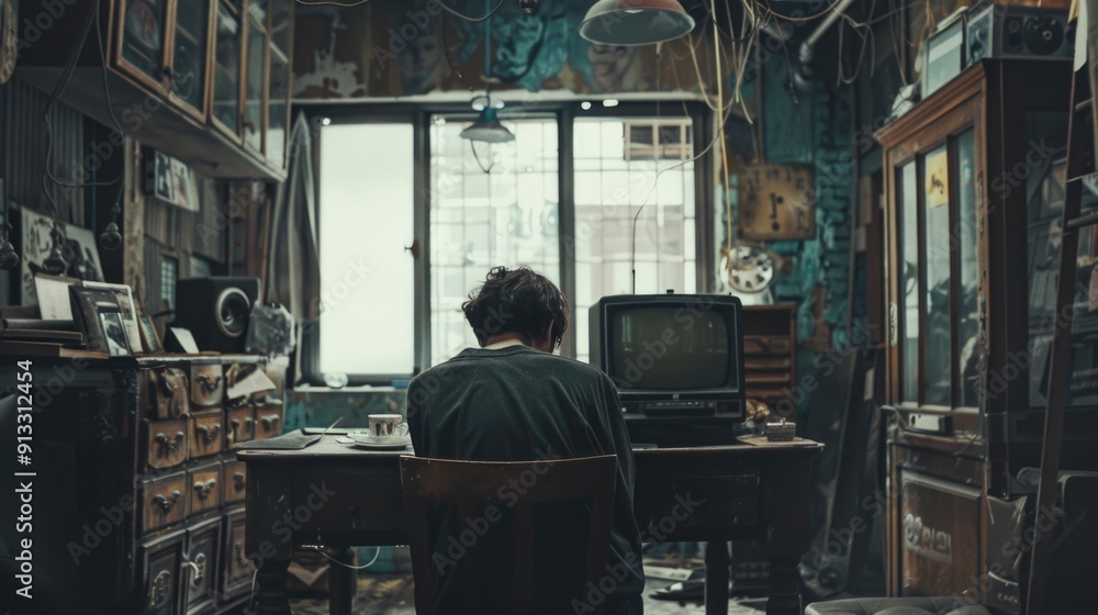 Poster A person sits at a desk with a window view, working on a task
