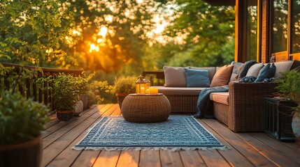 a patio with a couch and a table
