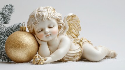 Fototapeta premium Christmas Angel with White and Gold Decorations on a White Background, Perfect for Celebration Themes. Capturing the Elegance and Festivity of the Holiday Season in a Stunning Visual Display