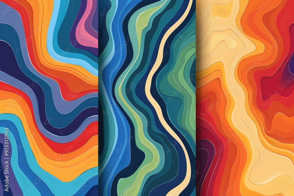 Poster Three colorful wavy patterns on a white background
