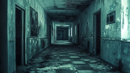 A hauntingly abandoned hallway invites intrigue with its peeling walls and eerie atmosphere, perfect for horror-inspired themes.
