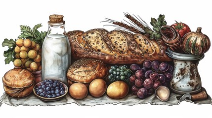 Fresh Baked Bread and Seasonal Produce on Wooden Table