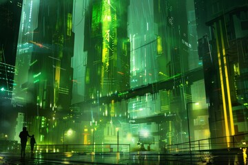 Obraz premium Futuristic Green Cityscape. People Walking in Cyberpunk Metropolis