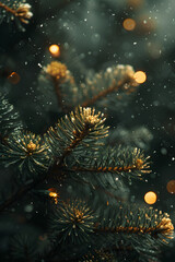 Fototapeta premium Green fir branch on blurred lights background. Concept for Christmas, New Year, winter holidays. Close up of evergreen pine brunches composition. Banner with a Christmas tree without decorations. 