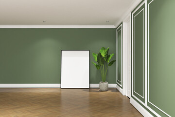 3d render of illustration interior design wall mock up, classic modern style. Wood parquet floor, green wall finish and white ceiling. Set 59