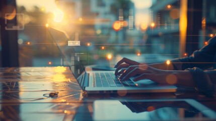 Remote work concept. Hands typing on laptop keyboard in cafe with city lights bokeh. Digital nomad, freelancer, entrepreneur working online.