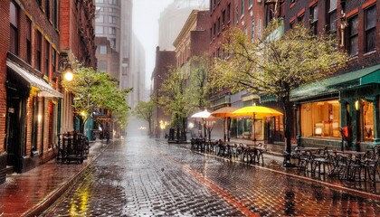 Fototapeta premium A cozy cafe in Boston on a rainy Sunday morning. The serene atmosphere is enhanced by a gentle mist, creating a refreshing and peaceful ambiance perfect for a relaxing start to the day.