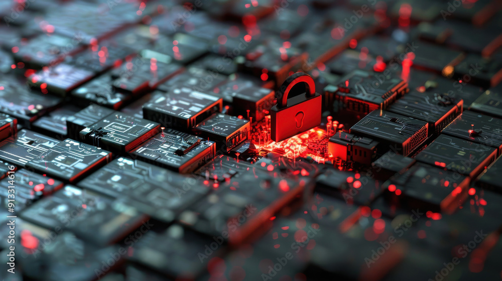 Poster internet security breach with a red alert and broken padlock symbol on a digital screen.