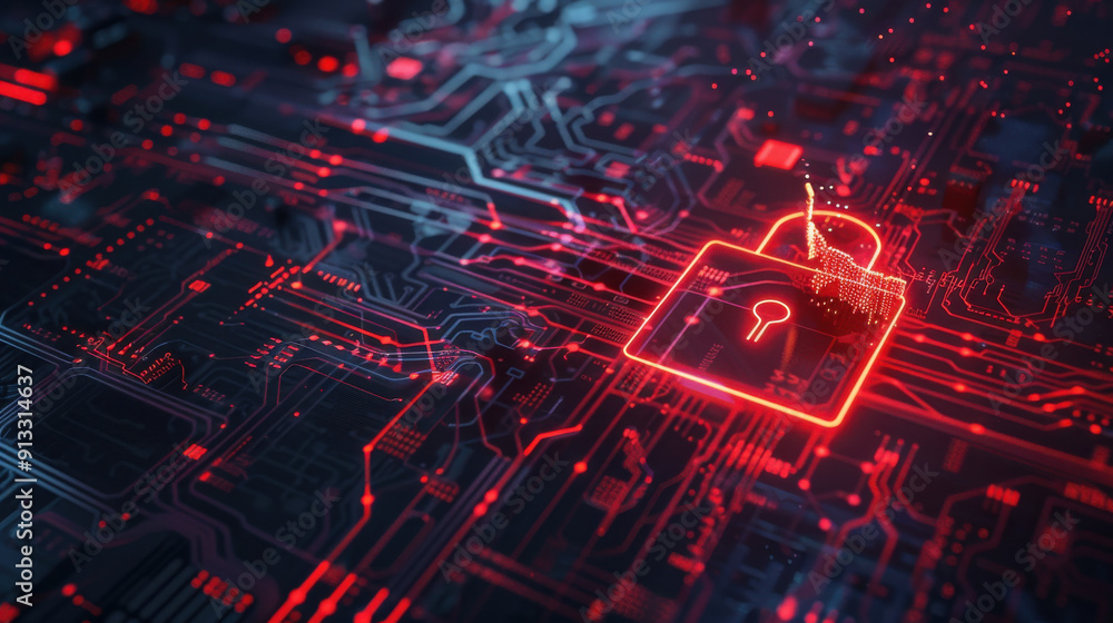 Poster internet security breach with a red alert and broken padlock symbol on a digital screen.