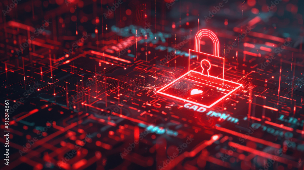 Aufkleber internet security breach with a red alert and broken padlock symbol on a digital screen.