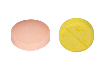 Close-up photo yellow, Cream color round pill, medicine small medical vitamins, pills, antibiotics isolated on cut out PNG or transparent background.  Medical science health prevent various diseases.