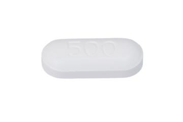 Medicine paracetamol 500, Reduce fever and relieve pain. capsule white drug isolated on cut out PNG or transparent background. Pill strengthens immune system. Body's immune response after vaccine.