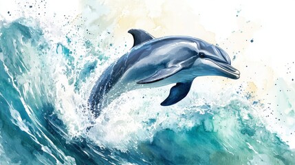 Fototapeta premium A watercolor illustration of a graceful dolphin leaping out of the ocean, with waves and splashes around