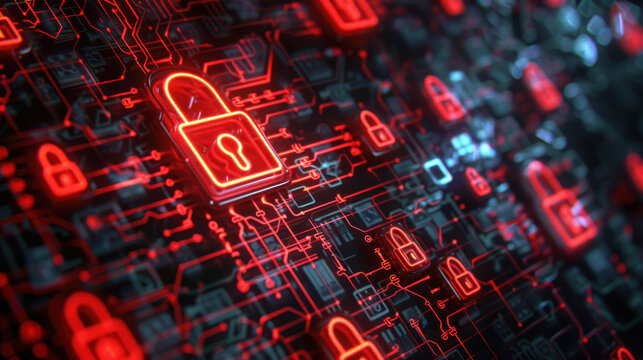 Internet security breach with a red alert and broken padlock symbol on a digital screen.