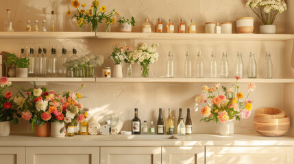 Inviting kitchen interior with beige shelves, glass bottles, and a mix of floral arrangements.