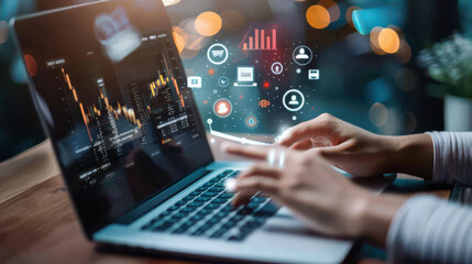 Laptop with graphical data interface as a marketer evaluates performance metrics of online advertising campaigns. Digital marketing for websites and social media.