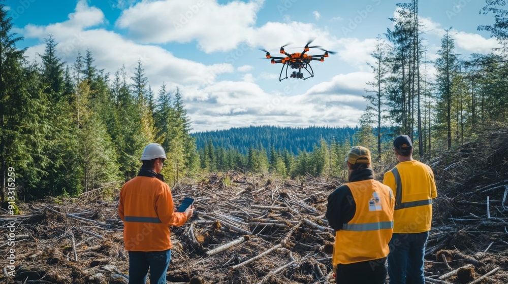 Poster Workers operate a drone in a logged forest, capturing data about the timber harvest area's condition and layout.