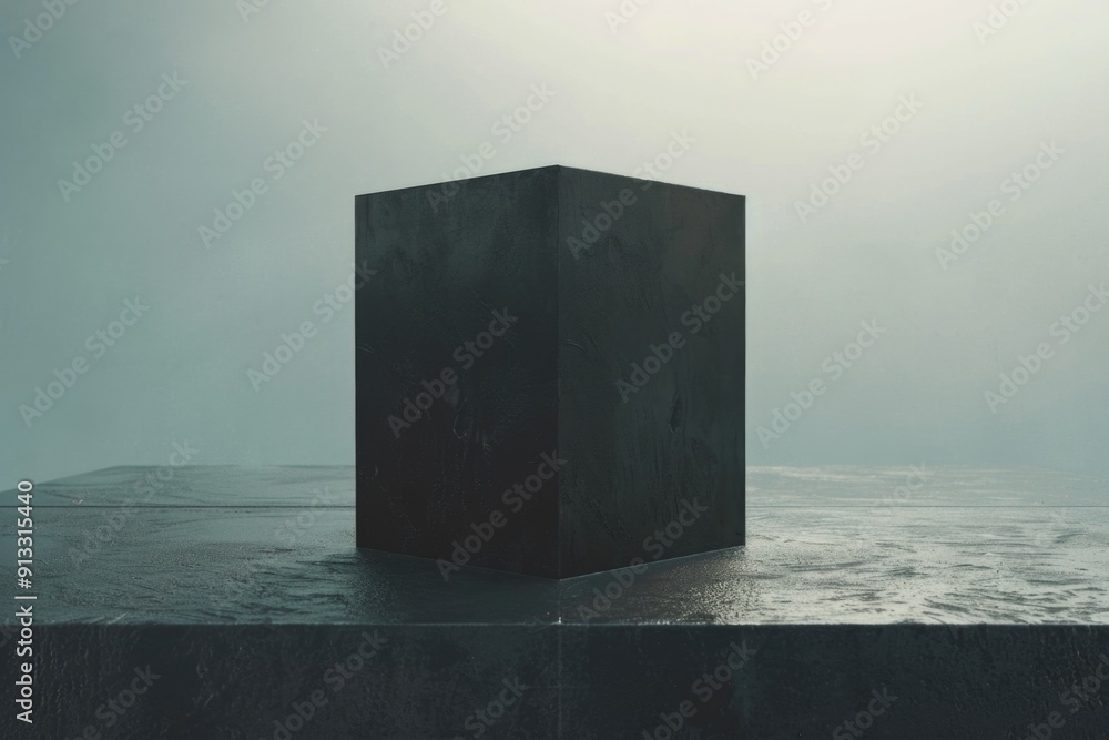 Poster a black cube sits on a concrete surface, simple yet mysterious