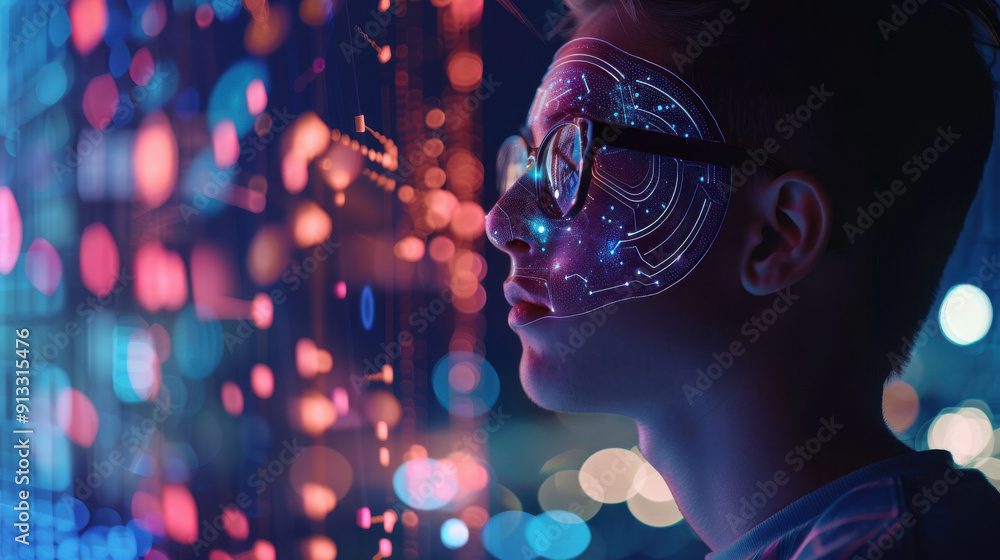 Aufkleber man engaging in a virtual chat with intelligent artificial intelligence, futuristic smart assistant,