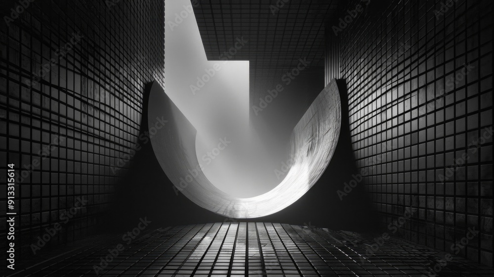 Poster a black and white photograph of a tunnel with no clear exit or entrance