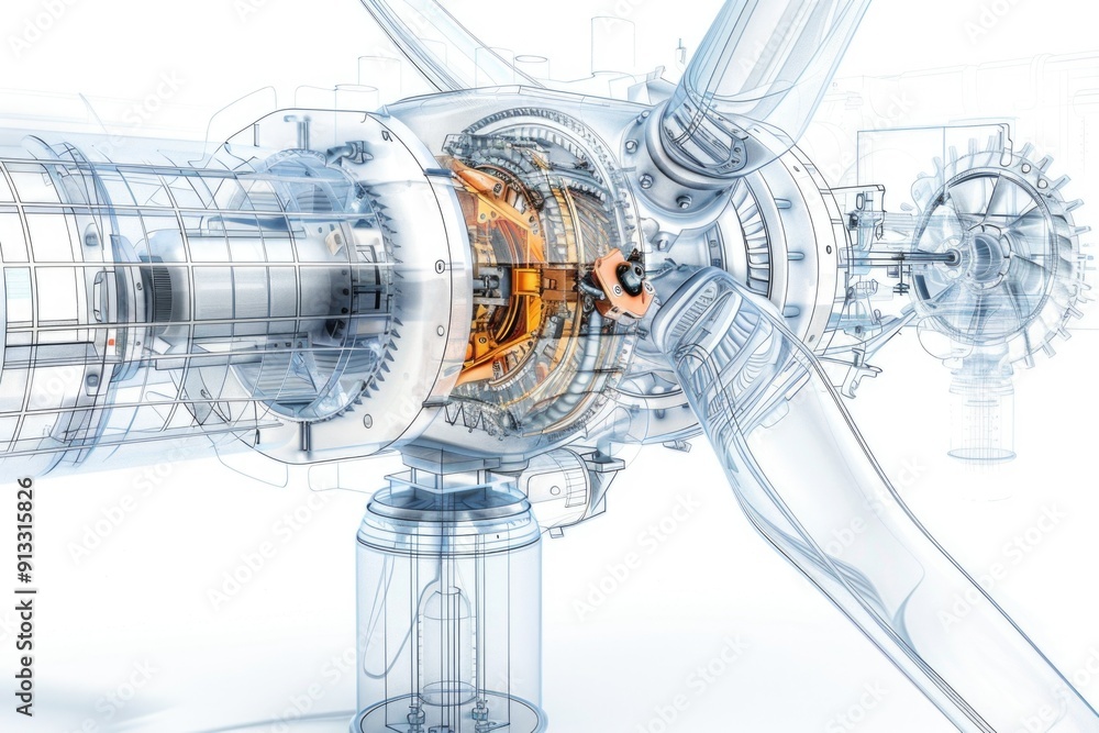 Leinwandbilder a 3d rendered image of a turbine generator with rotating blades and industrial background