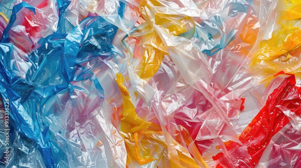 Poster a close-up view of a cluster of plastic bags, highlighting their texture and appearance