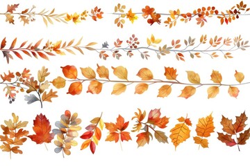 A set of colorful watercolor autumn leaves and branches, perfect for fall-themed designs