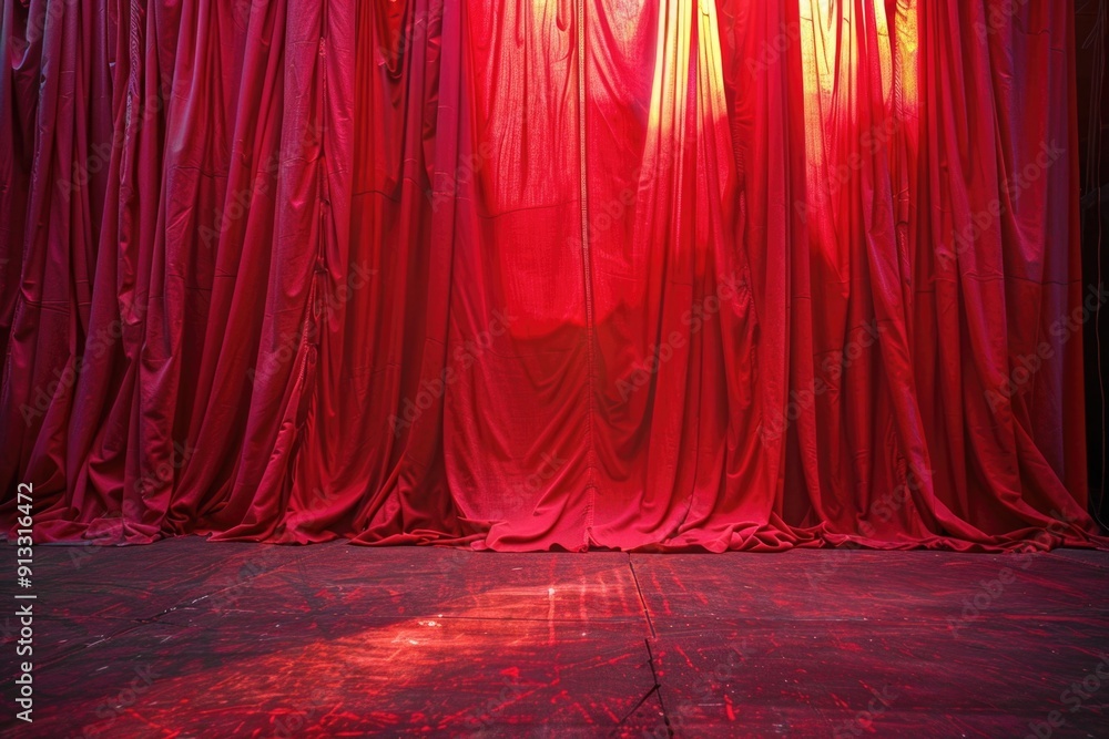 Poster a stage set with a red curtain and red light, ideal for theatrical or performance use
