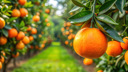 oranges on a branch with green leaves on tree. orange tree branches with ripe juicy fruits. natural fruit background outdoors. generative ai