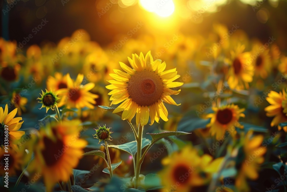 Poster A beautiful sunset over a vast sunflower field, ideal for use in travel or nature-related projects