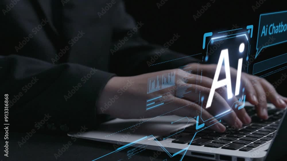 Poster human interact with ai artificial intelligence virtual assistant chatbot in concept of ai artificial