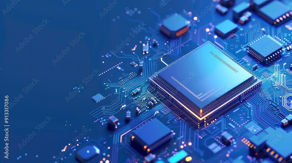 Poster a close-up view of a computer motherboard with a cpu chip in the center. the motherboard is a comple